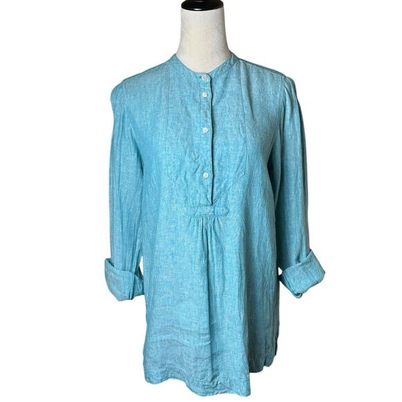 J.Crew Baird McNutt Irish Linen Tunic Top | Aqua Blue Button Front Shirt 4 Tall - Picture 1 of 8